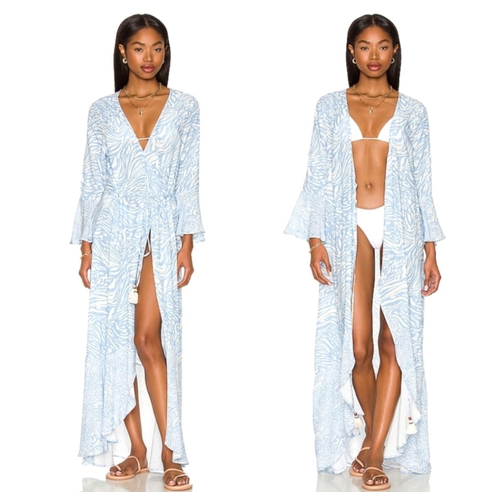 Anthropologie Maaji Blue White Iris Wild Lotus Maxi Kimono Cover-up Dress Size S
